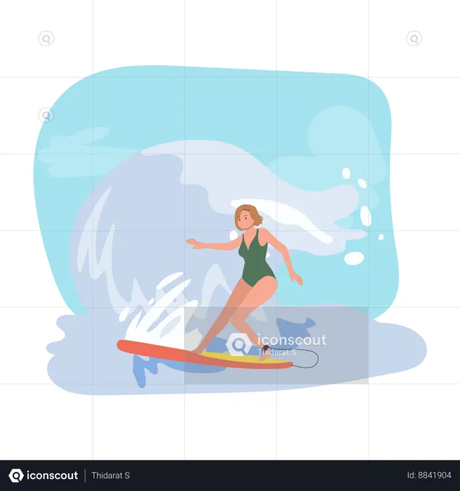 Fille surfant avec planche de surf sur Big Wave  Illustration