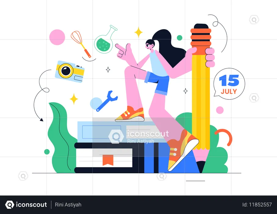 Fille tenant un crayon avec des livres  Illustration