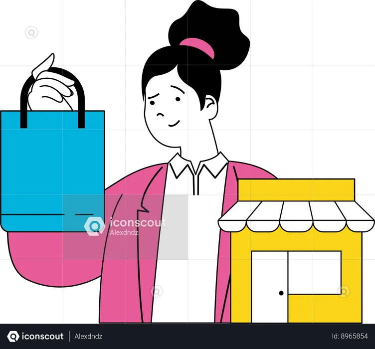 Fille tenant un sac tout en faisant des achats en ligne  Illustration