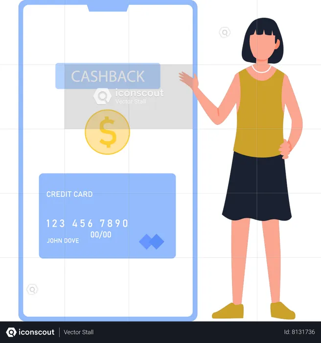 Une fille transfère du cashback sur une carte  Illustration