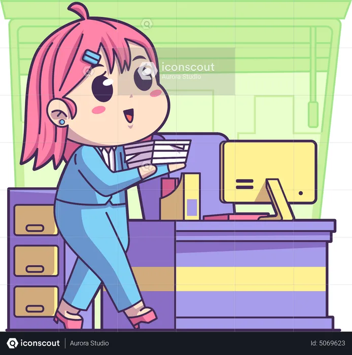 Fille travaillant au bureau  Illustration