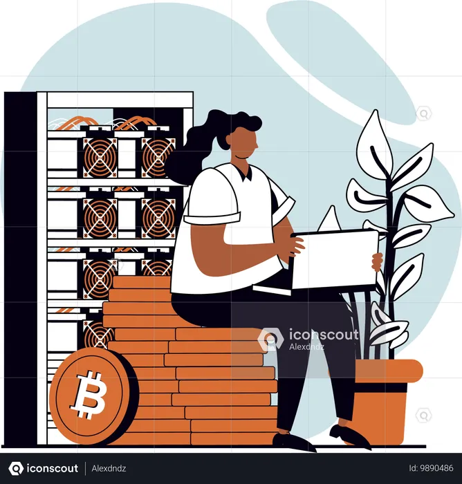 Fille travaillant sur un serveur Bitcoin  Illustration