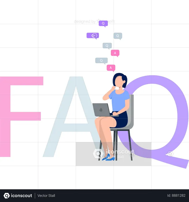 Fille travaillant sur un ordinateur portable sur les services FAQ  Illustration