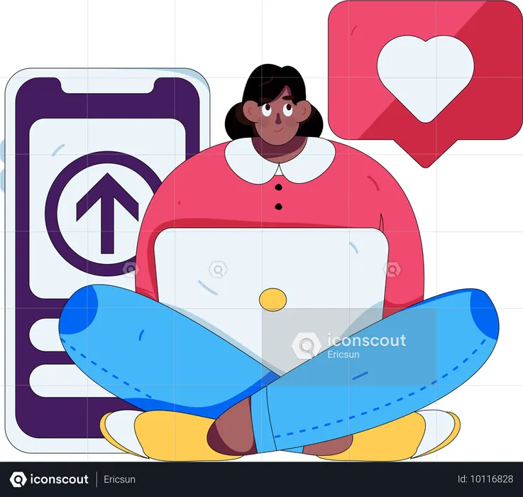 Fille travaillant sur un ordinateur portable tout en faisant des affaires Communication  Illustration