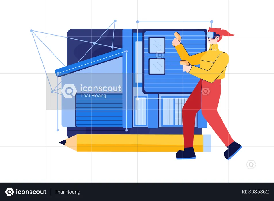Fille travaillant sur un plan de construction à l'aide de VR Tech  Illustration