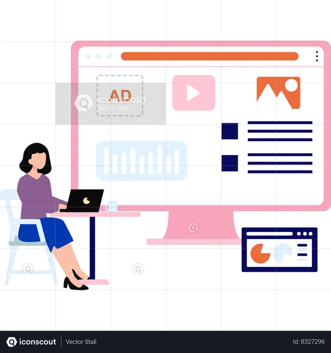 La fille travaille sur le marketing en ligne  Illustration