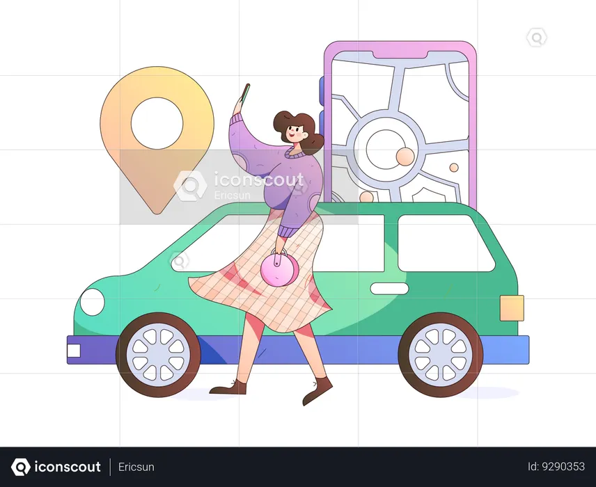 Fille trouvant une voiture à l'aide d'une application de service de voiture  Illustration