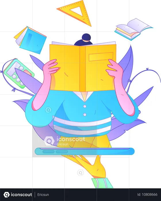 Fille utilisant un livre de lecture en ligne sur mobile  Illustration