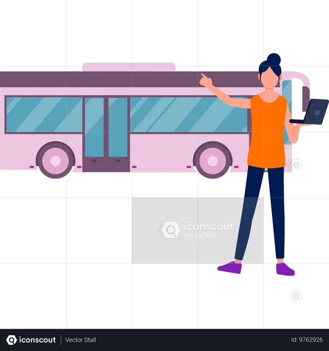 Fille utilisant un ordinateur portable debout à l'extérieur du bus  Illustration