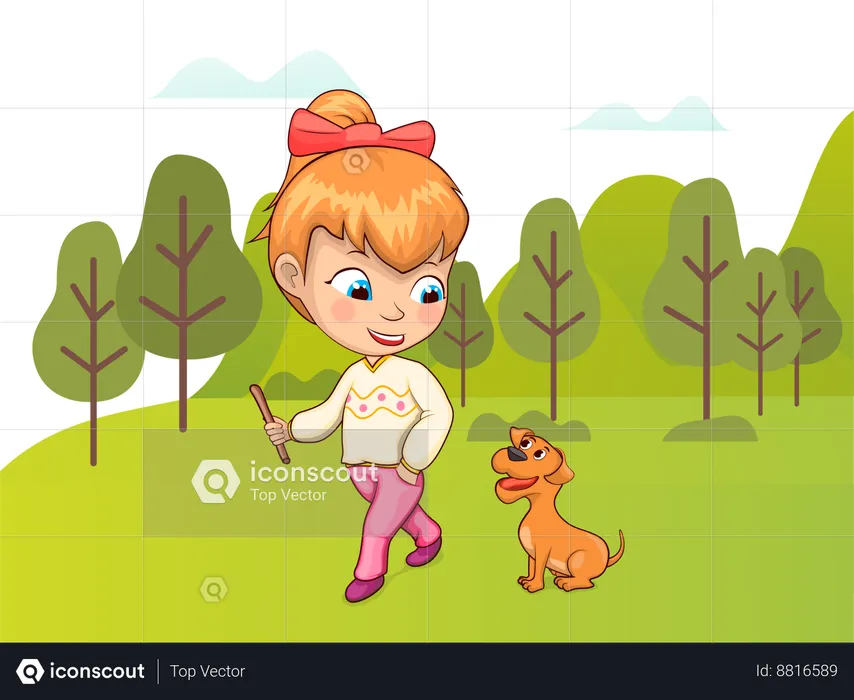 Une fille se promène dans le jardin avec son chien  Illustration