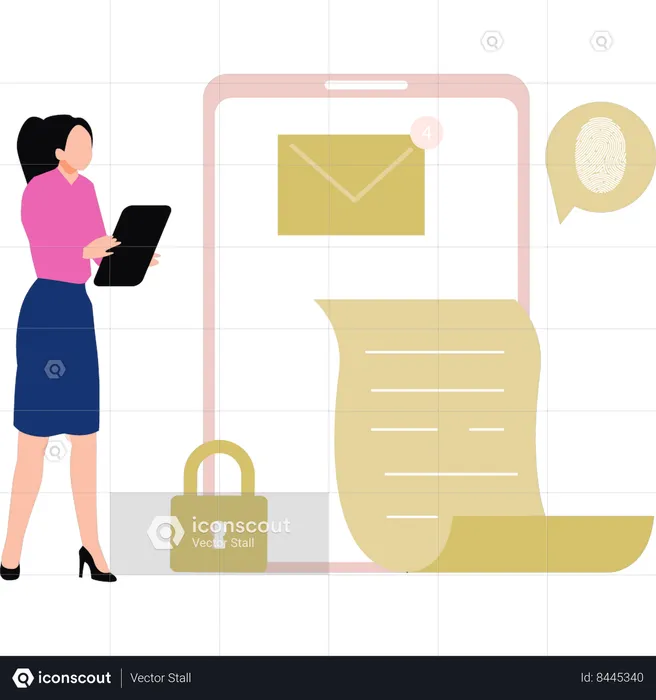 Fille vérifiant ses e-mails sur mobile  Illustration