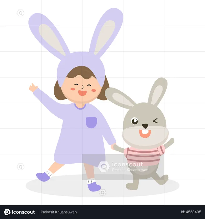 Filles avec un lapin drôle  Illustration