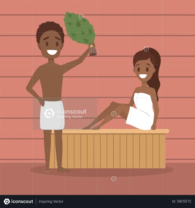 Filles et garçons fumant dans un sauna  Illustration