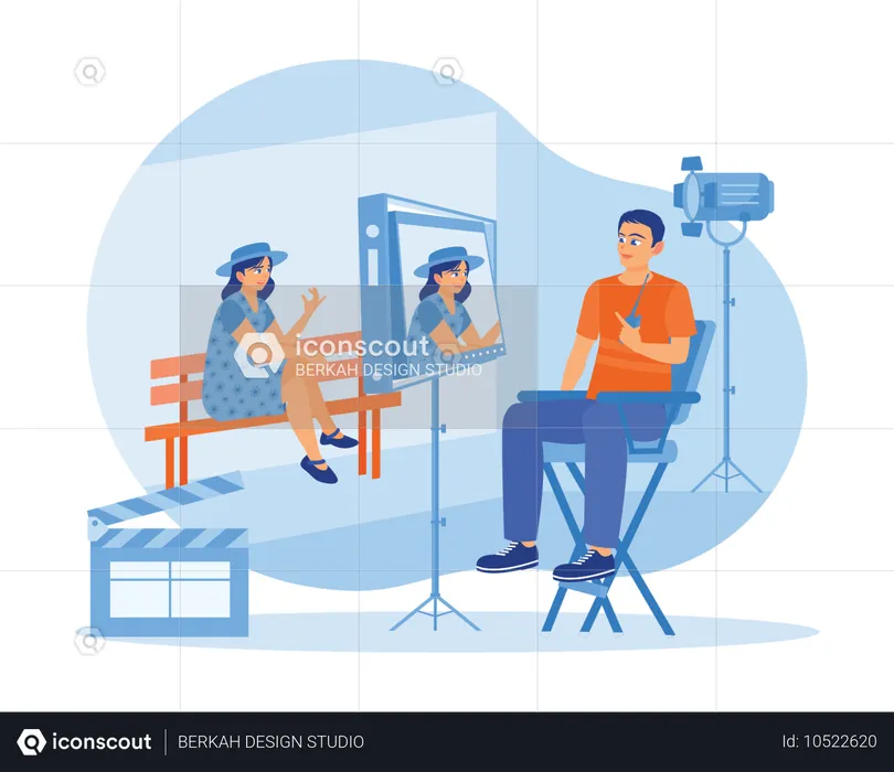 Film director sits in front of monitor screen and Giving orders to model during shooting process  Illustration