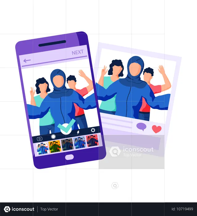 Filters for selfie screen interface photo frame in social media application with portrait of people  Illustration