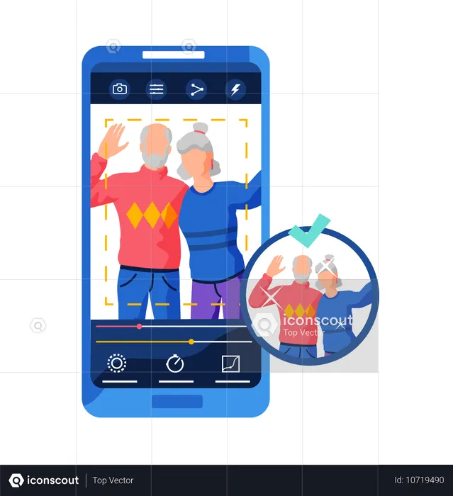 Filtres pour l'interface de l'écran selfie cadre photo dans l'application de médias sociaux avec portrait de personnes adultes  Illustration