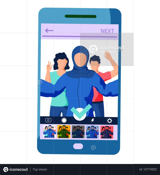 Filtros para la interfaz de pantalla selfie del marco de fotos en la aplicación de redes sociales con retratos de personas  Ilustración