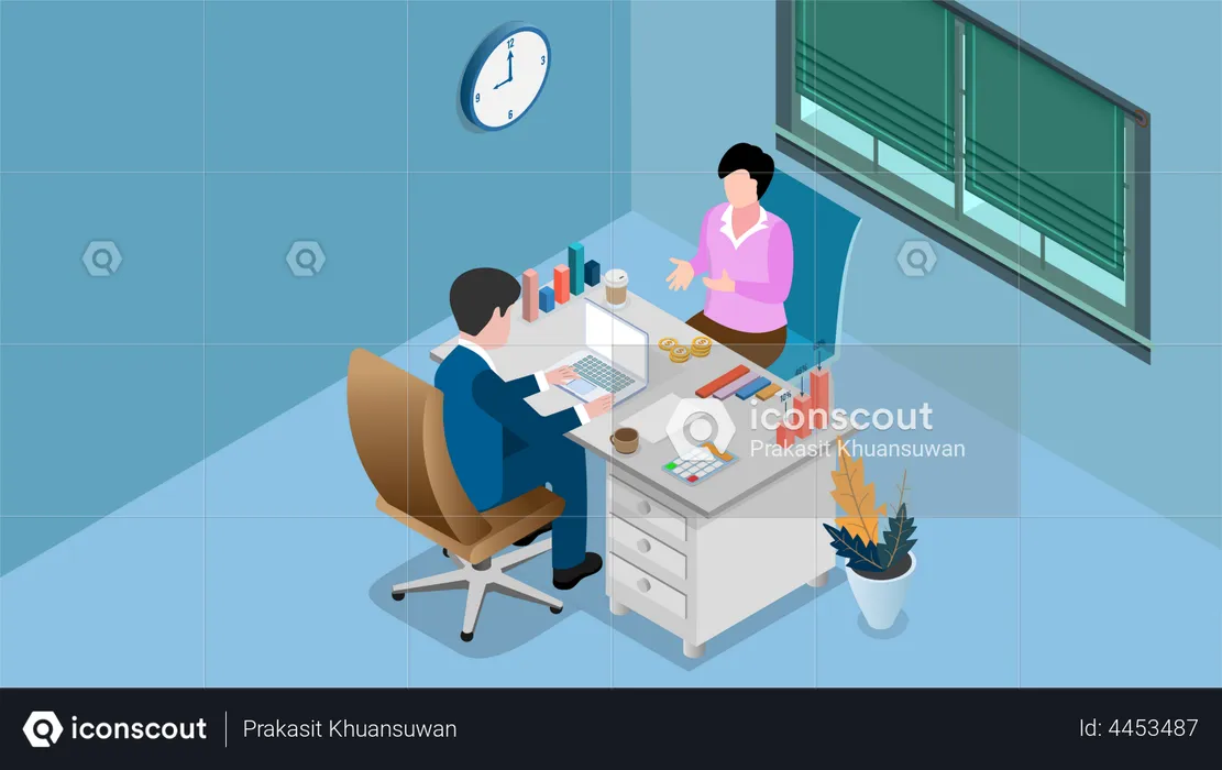 Financial advice concept. Business character making financial operation. Budget analysis, financial consultant, counseling. Cartoon flat vector illustration  Illustration