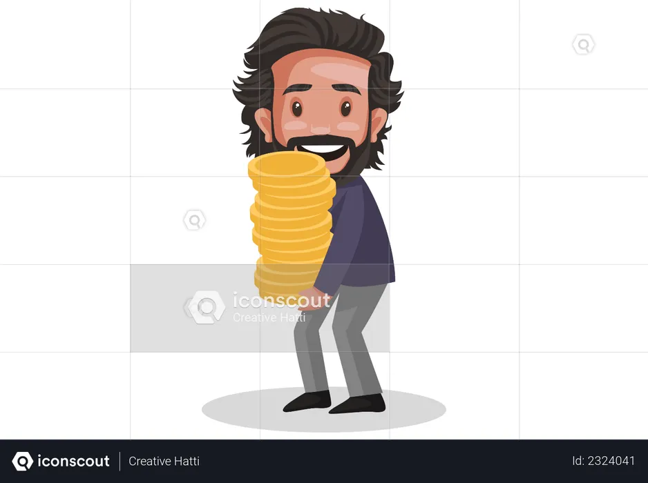 Financial Advisor holding gold coin pile in his hand  Illustration