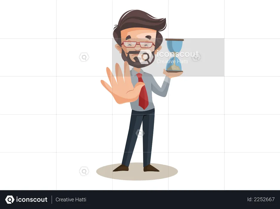 Financial advisor is holding hourglass timer in hand and showing stop hand sign  Illustration