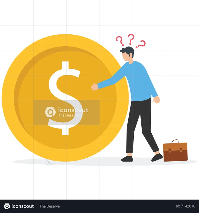 Financial questions, experiencing financial problems or investment problems, Frustrated man near huge coin thinking of financial problems  Illustration