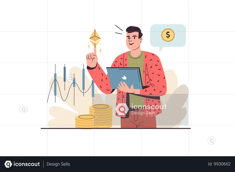 金融業者は暗号通貨取引所で働き、通貨を監視している  イラスト