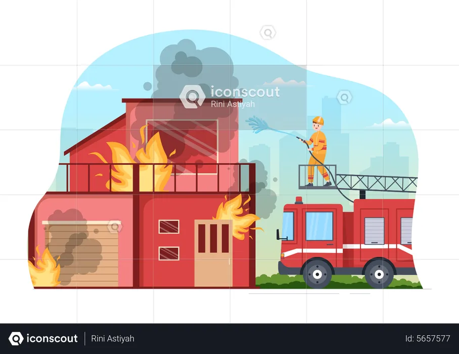 Fire Department with Firefighters Extinguishing House  Illustration