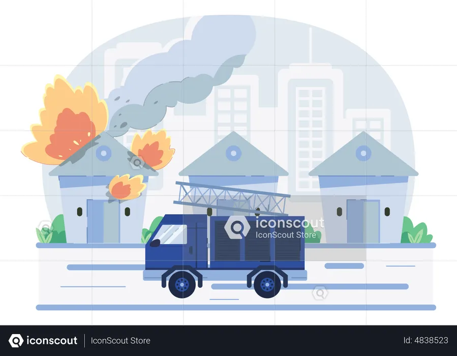 Fire engine reaching at fire emergency site  Illustration