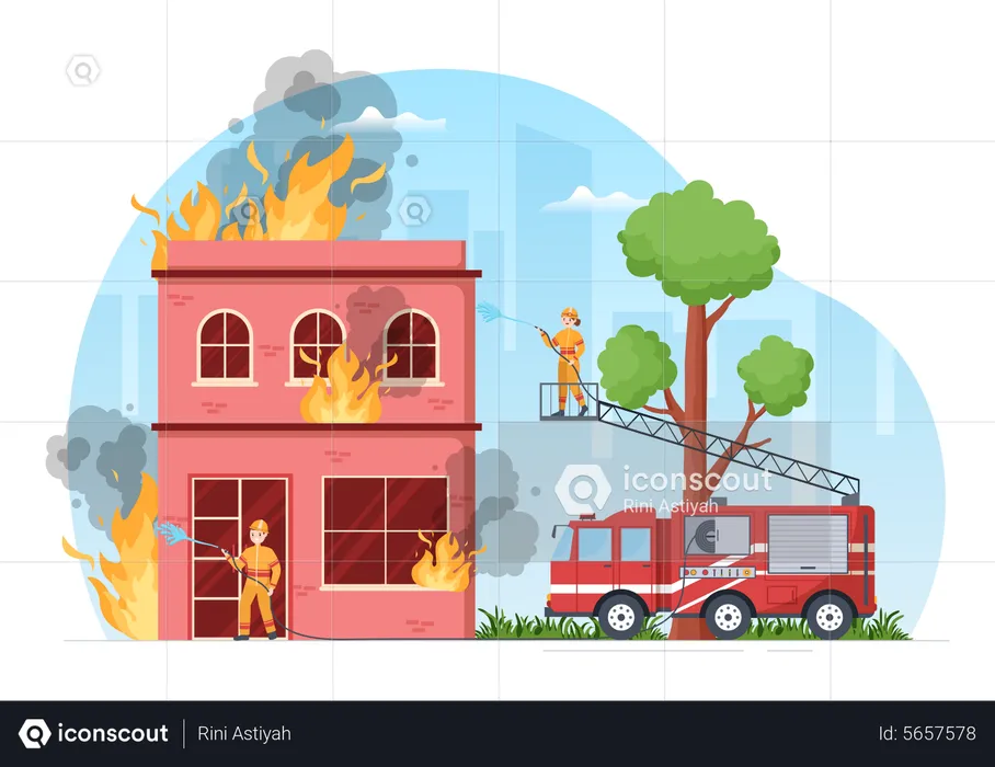 Fire Firefighters Extinguishing house on fire  Illustration