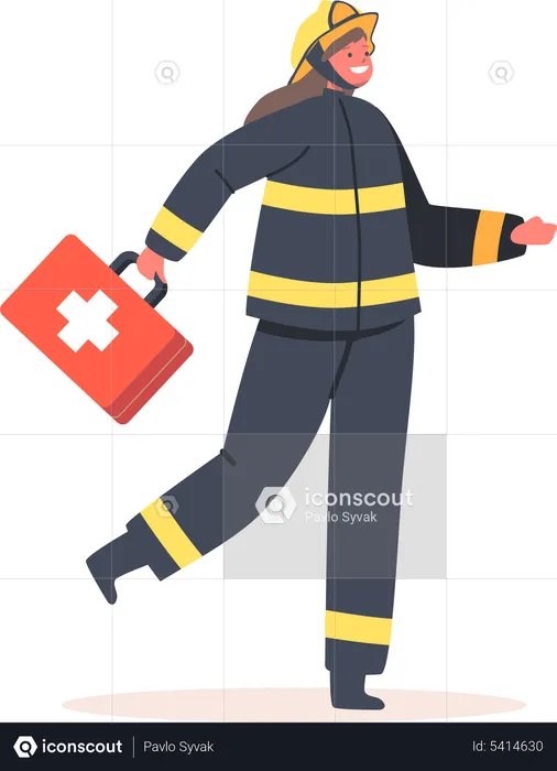 Fire Girl Holding First Aid Kit  Illustration