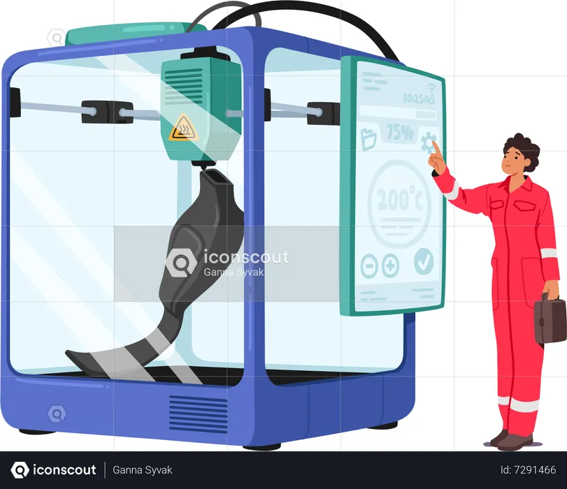 Fire Safety Worker Control Prosthesis In Glass Chamber Undergoes High Temperature Test To Check The Durability  Illustration