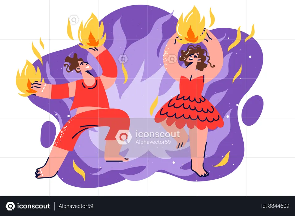 Fire show from couple man and woman dancing rhythmically  Illustration