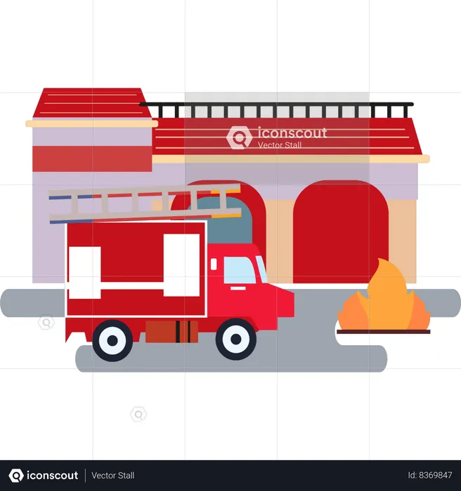 Fire truck is parked outside the building  Illustration