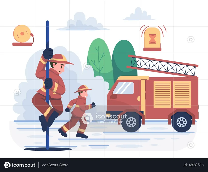 Fire workers on fire emergency alert moving towards vehicle  Illustration