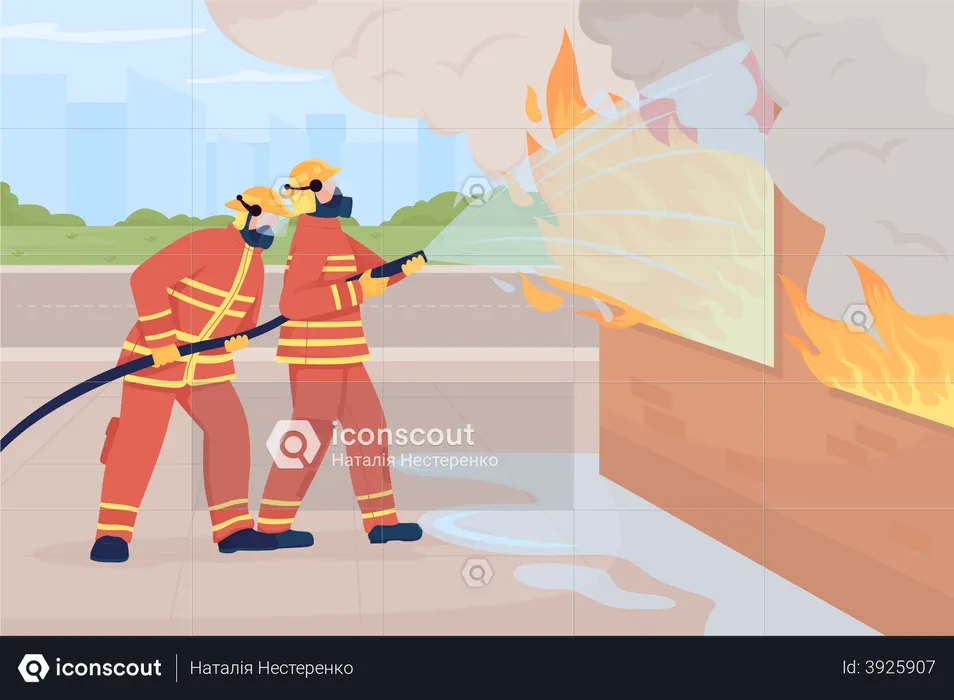 Firefighter extinguishing building fire  Illustration