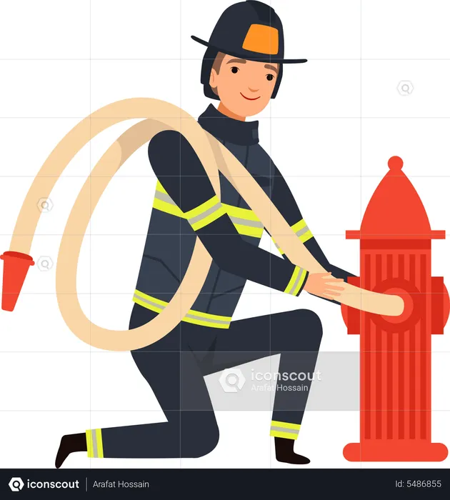 Firefighter fitting water pipe  Illustration