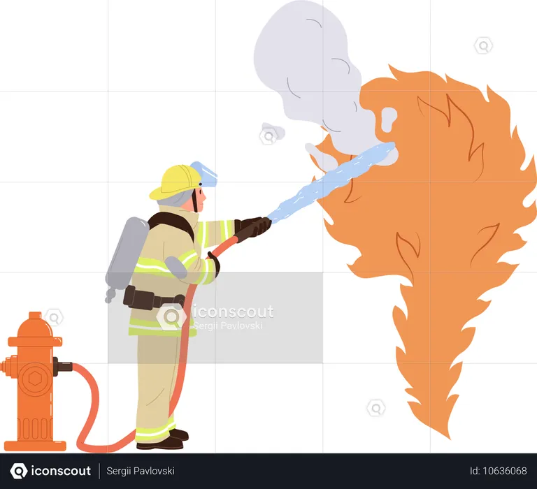 Firefighter in uniform putting on fire using hydrant  Illustration