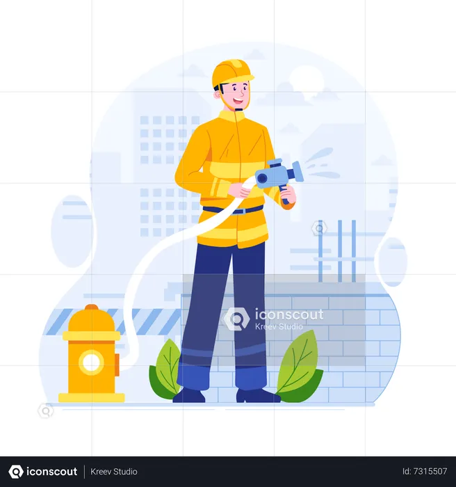 Firefighter put out the fire using water hose  Illustration