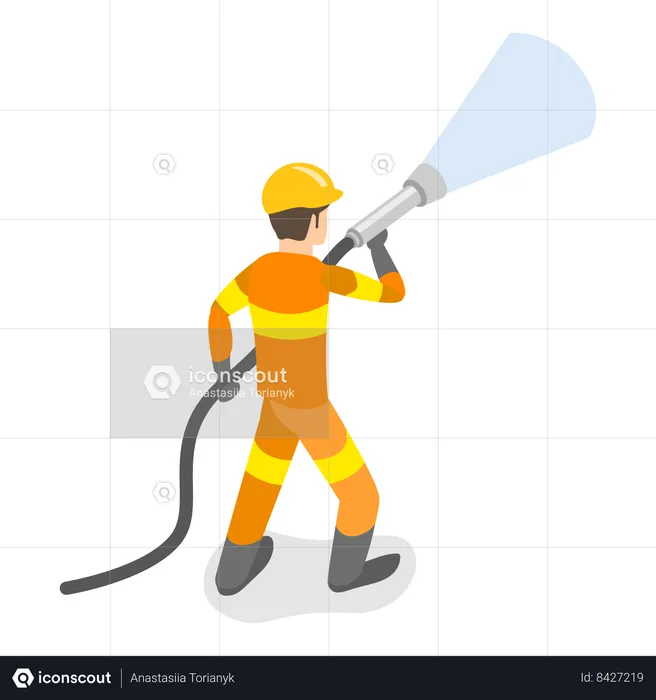 Firefighter spraying water to extinguish fire  Illustration