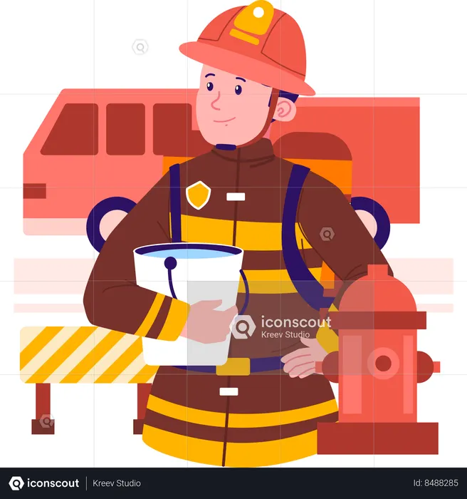 Firefighter standing with water bucket  Illustration