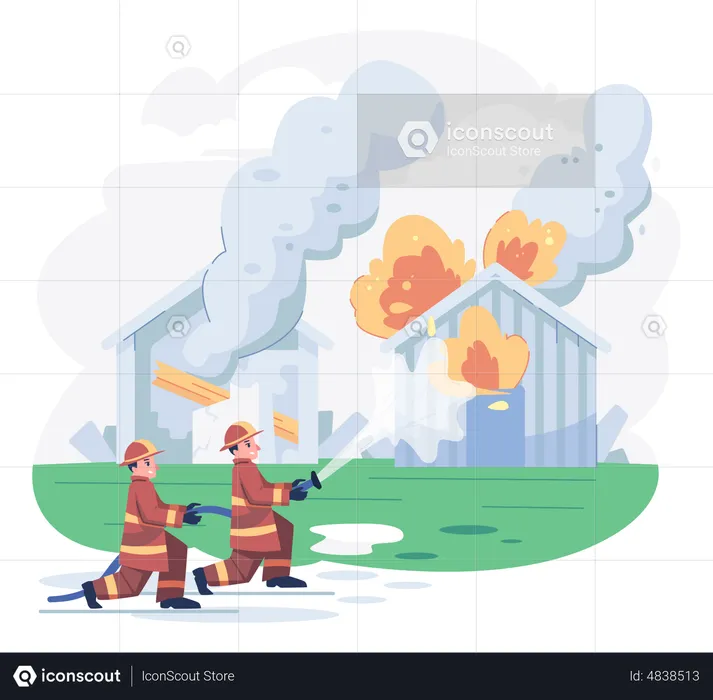 Firefighter team watering fire caused on shed  Illustration