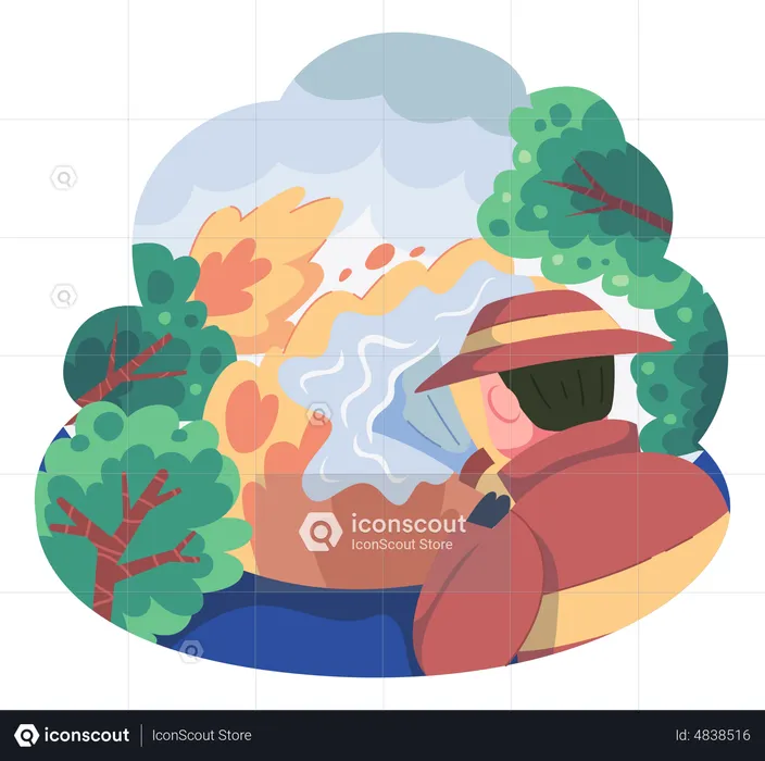 Firefighter throwing water at fire with help of water hose  Illustration