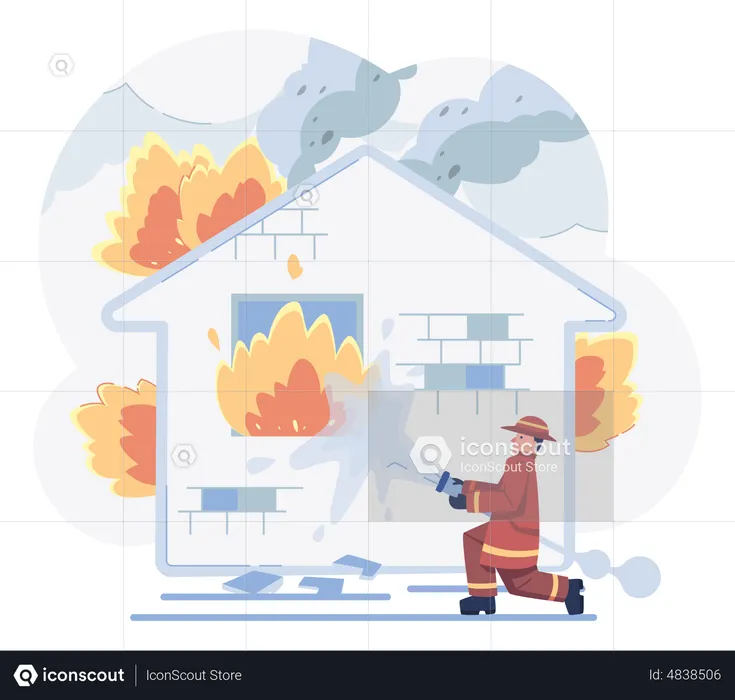 Firefighter throwing water using fire hose  Illustration