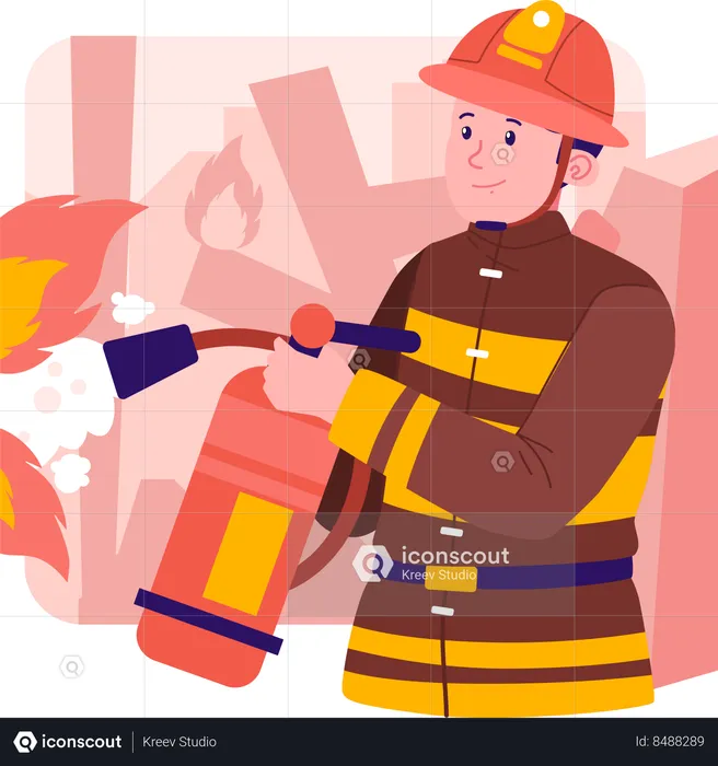 Firefighter using fire extinguisher to deal with fire  Illustration