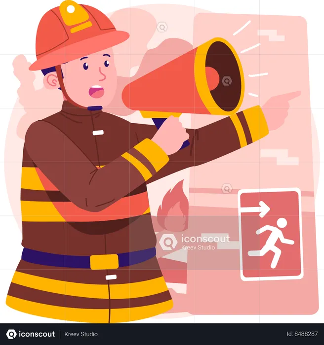 Firefighter using megaphone to alert people  Illustration