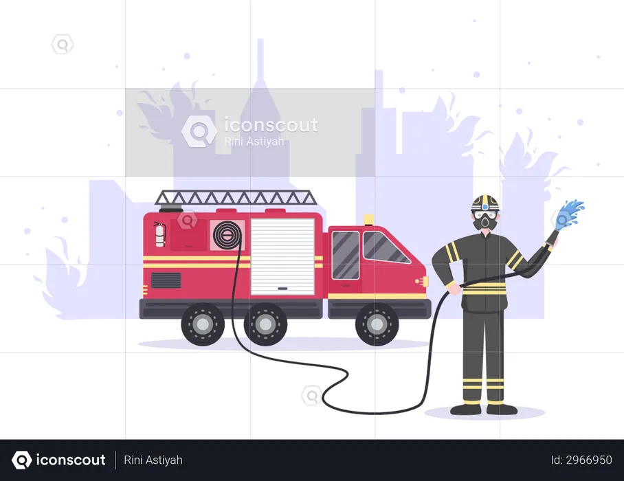 Firefighters dealing fire with Fire engine  Illustration