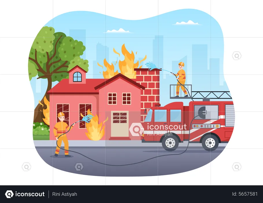 Firefighters Extinguishing House  Illustration