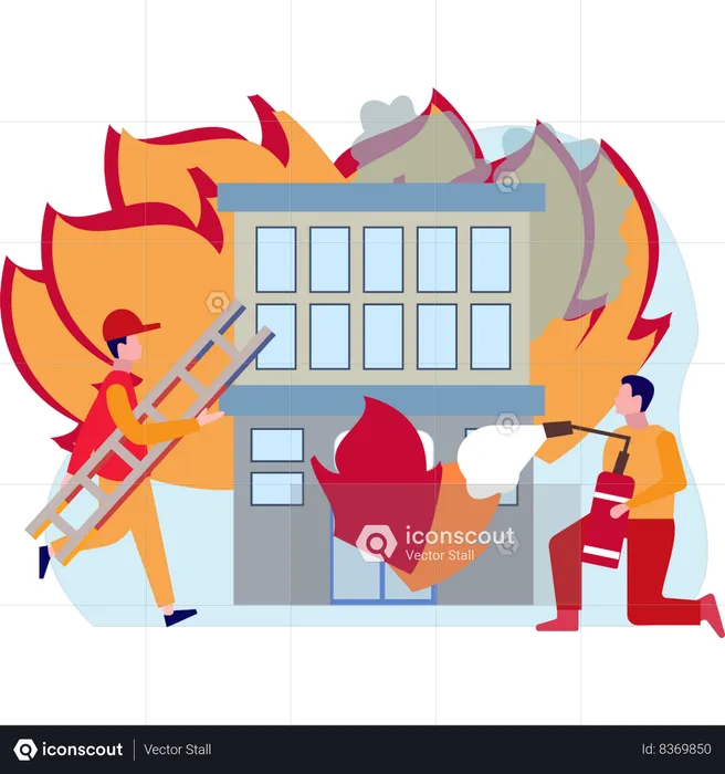 Firefighters putting out the building fire  Illustration