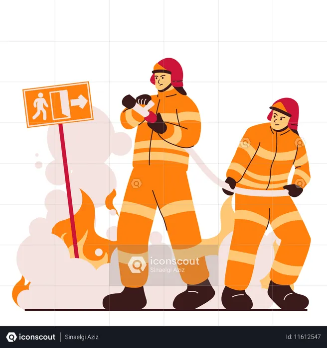 Firefighters spray high preassure water pipes  Illustration