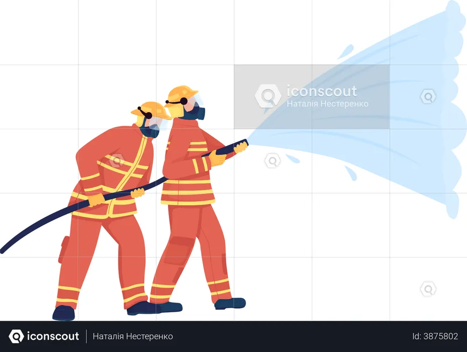 Firefighters with water hose  Illustration